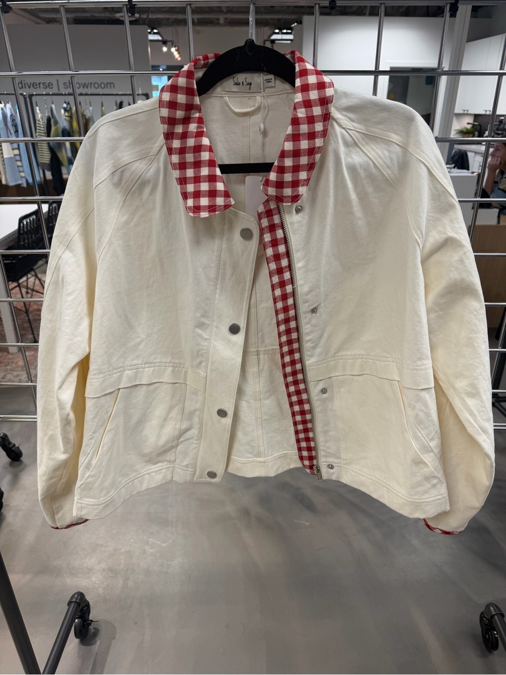 Sadie & Sage Cream Jean Jacket with Red Gingham Trim